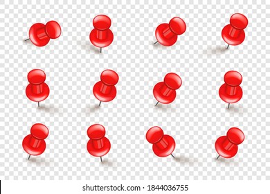 Realistische rote Push-Pins. Pappteppiche einzeln auf transparentem Hintergrund. Kunststoff-Druckstift mit Nadel. Vektorgrafik.