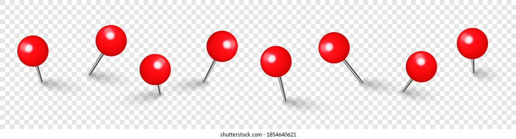 Realistische rote Push-Pins. Pappteppiche einzeln auf transparentem Hintergrund. Kunststoff-Druckstift mit Nadel. Vektorgrafik.