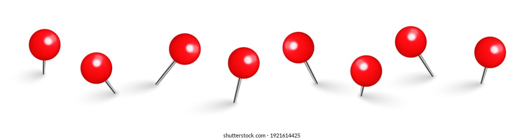 Realistic red push pins. Board tacks isolated on white background. Plastic pushpin with needle. Vector illustration.