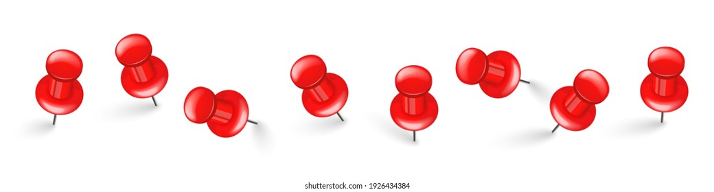 Realistic red push pins. Board tacks isolated on white background. Plastic pushpin with needle. Vector illustration.