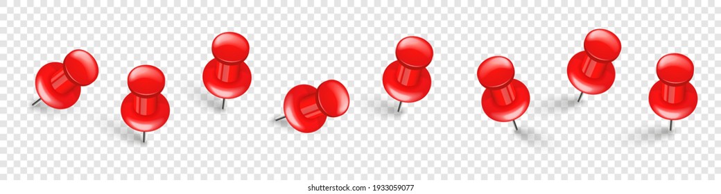 Realistic red push pins. Board tacks isolated on transparent background. Plastic pushpin with needle. Vector illustration.