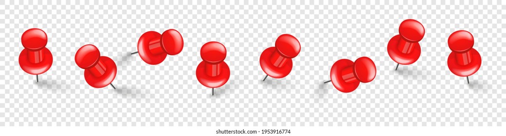 Realistic red push pins. Board tacks isolated on transparent background. Plastic pushpin with needle. Vector illustration.