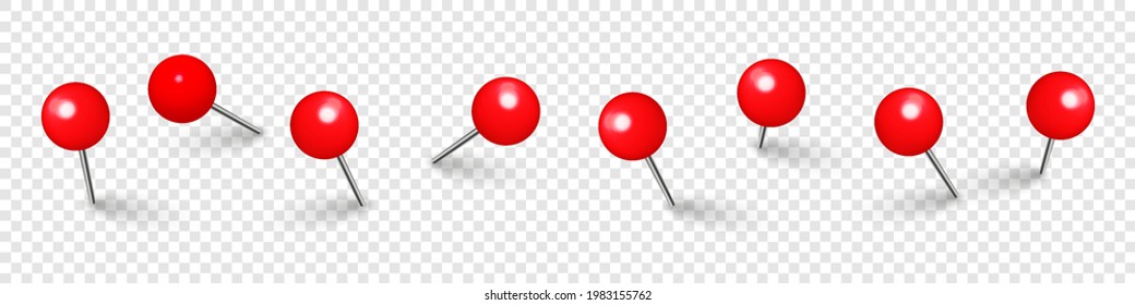 Realistic red push pins. Board tacks isolated on transparent background. Plastic pushpin with needle. Vector illustration.