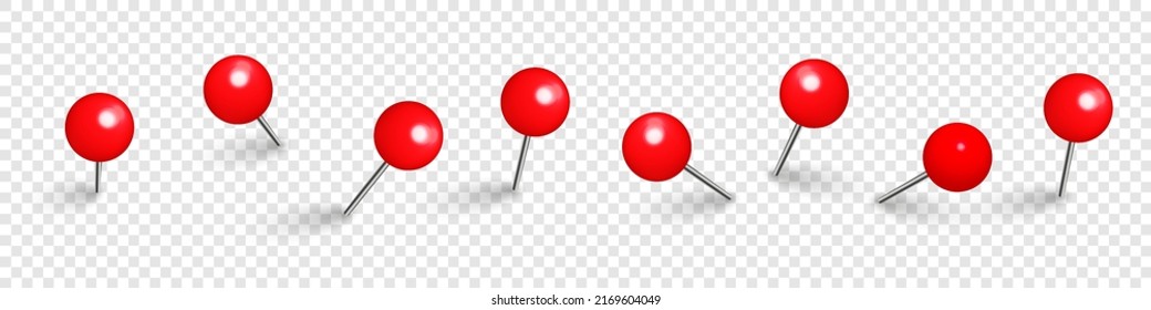 Realistic red push pins. Board tacks isolated on transparent background. Plastic pushpin with needle. Vector illustration.