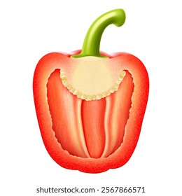 Realistic red raw half bell pepper vegetable, isolated on white background. Fresh ripe bell pepper cut in half, realistic 3D vector illustration, object in macro closeup for natural food cuisine