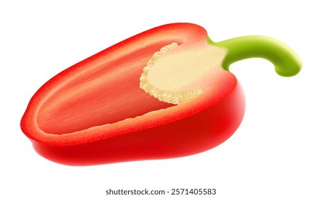 Realistic red raw half bell pepper vegetable, isolated on white background. Fresh ripe bell pepper cut in half, realistic 3D vector illustration, object in macro closeup for natural food cuisine