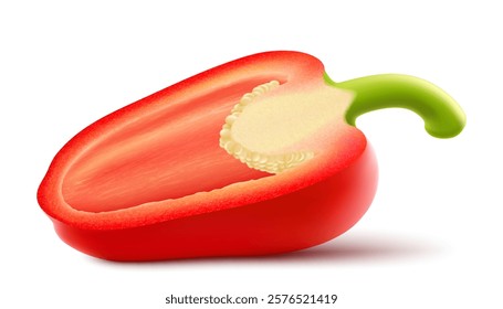 Realistic red raw half bell pepper vegetable, isolated on white background. Fresh ripe bell pepper cut in half, realistic 3D vector illustration, object in macro closeup for natural food cuisine