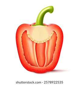 Realistic red raw half bell pepper vegetable, isolated on white background. Fresh ripe bell pepper cut in half, realistic 3D vector illustration, object in macro closeup for natural food cuisine