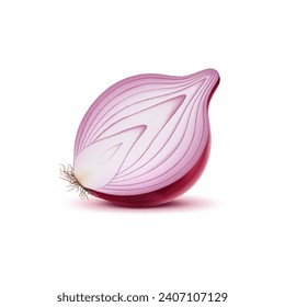 Realistic red raw onion half, isolated vegetable, pungent halved slice of purple bulb with visible layers, releases a sharp aroma. Its crisp texture promises a potent flavor, ingredient for culinary