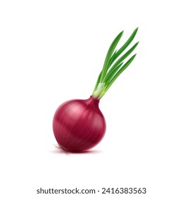 Realistic red raw onion, isolated whole plant features long green shoots and a pungent bulb with husk. Its aroma and taste add bold flavor to various dishes, making it a versatile culinary ingredient