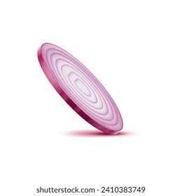 Realistic red raw onion slice, isolated vegetable 3d vector round bulb part, crisp and pungent, reveals concentric layers and sharp aroma. Healthy vitamin food, ingredient for culinary creations