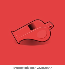 Realistic red referee whistle vector illustration, in trendy design style, isolated on red background. 3D icon of soccer football equipment for World Football Championship Cup 2022, held in qatar.