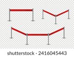 Realistic red retractable belt stanchion. Barricade realistic red rope. Restriction border and danger tape. Realistic metal barrier for belt control on transparent background. Vector illustration. 