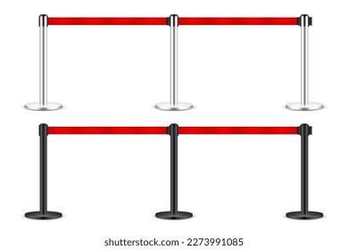 Realistic red retractable belt stanchion. Crowd control barrier posts with caution strap. Queue lines. Restriction border and danger tape. Attention, warning sign. Vector illustration