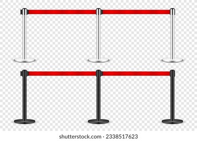 Realistic red retractable belt stanchion. Crowd control barrier posts with caution strap. Queue lines. Restriction border and danger tape. Attention, warning sign. Vector illustration