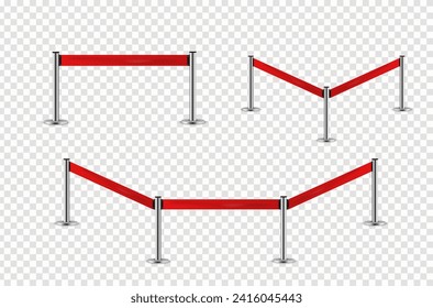 Realistic red retractable belt stanchion. Barricade realistic red rope. Restriction border and danger tape. Realistic metal barrier for belt control on transparent background. Vector illustration. 