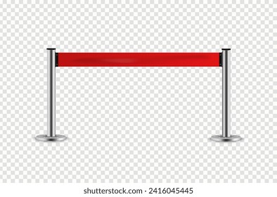 Realistic red retractable belt stanchion. Barricade realistic red rope. Restriction border and danger tape. Realistic metal barrier for belt control on transparent background. Vector illustration. 