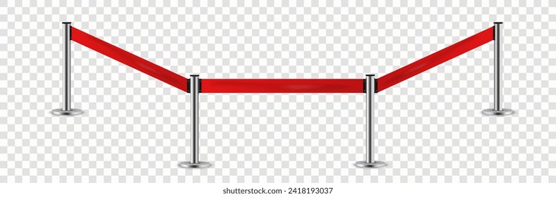 Realistic red retractable belt stanchion. Barricade realistic red rope. Restriction border and danger tape. Realistic metal barrier for belt control on transparent background. Vector illustration. 