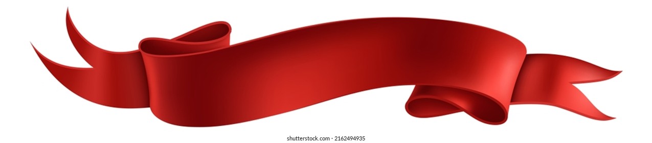 Realistic red ribbon. 3D heraldic symbol, curved corners, empty paper or silk decorative element, festive wavy elegance tape with copy space, antique flag, vector isolated illustration