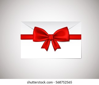 Realistic Red ribbon bow on envelope present isolated on white background. Vector illustration.