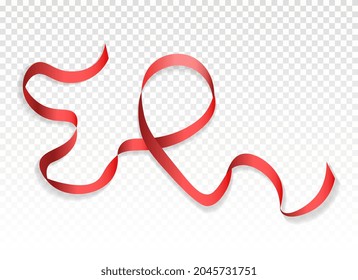 Realistic red ribbon. Graphic elements for website, design of product cards. Christmas ribbon, gift decoration, curved line. Volumetric vector illustration isolated on transparent background