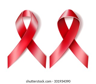 Realistic red ribbon isolated on white. Symbol of AIDS awareness. Vector illustration