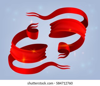Realistic red ribbon silk vector template banner on the shiny blue background