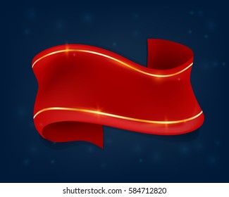 Realistic red ribbon silk vector template banner with golden lines on the shiny blue background