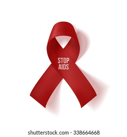 Realistic red Ribbon with Stop AIDS Text. Awareness AIDS Symbol isolated on white Background