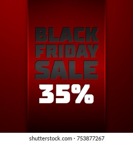 Realistic Red ribbon with text Black Friday Sale thirty five percent for discount on red background. Colorful sticker, banner for sale, shopping, business theme. Vector template for your design