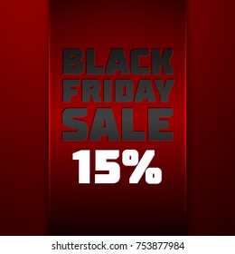 Realistic Red ribbon with text Black Friday Sale fifteen percent for discount on red background. Colorful realistic sticker, banner for sale, shopping, business theme. Vector template for your design