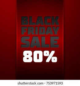Realistic Red ribbon with text Black Friday Sale eighty percent for discount on red background. Colorful sticker, banner for sale, shopping, business theme. Vector template for your design