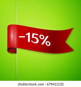 Realistic Red ribbon with text fifteen percent for discount on green background. Colorful realistic sticker, banner for sale, shopping, market, business theme. Vector template for your design