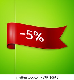 Realistic Red ribbon with text five percent for discount on green background. Colorful realistic sticker, banner for sale, shopping, market, business theme. Vector template for your design