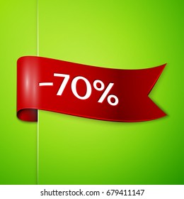 Realistic Red ribbon with text seventy percent for discount on green background. Colorful realistic sticker, banner for sale, shopping, market, business theme. Vector template for your design