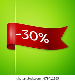 Realistic Red ribbon with text thirty percent for discount on green background. Colorful realistic sticker, banner for sale, shopping, market, business theme. Vector template for your design
