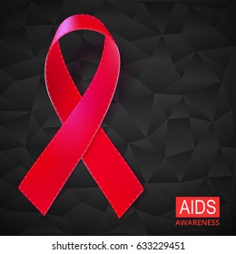 Realistic red ribbon vector illustration on black background made of triangles. Symbol of AIDS, HIV, heart disease, stroke awareness sign.