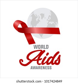 Realistic red ribbon, world aids day symbol, 1 december, vector illustration