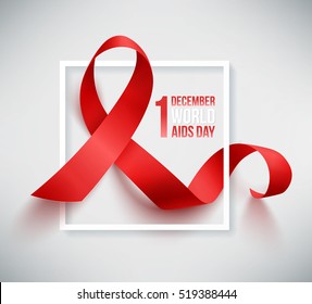 Realistic red ribbon, world aids day symbol, 1 december, vector illustration
