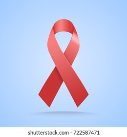 Realistic red ribbon. World aids day symbol on blue background. Vector illustration