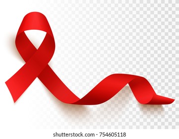 Realistic red ribbon, world aids day symbol, 1 december, vector illustration. World cancer day symbol 4 february.