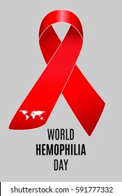 Realistic red ribbon with world map, world hemophilia day symbol. Vector illustration EPS10