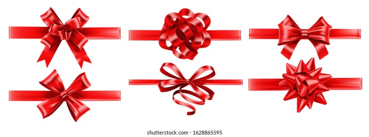 Realistic red ribbons with bows. Festive wrapping bow, gift decoration and presents ribbon vector set. Bundle of elegant shiny satin tapes. Set of glossy textile strips isolated on white background.