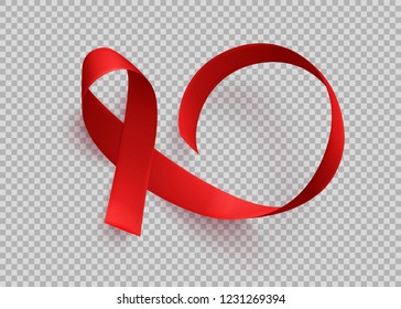 Realistic red ribbons isolated over transparent background, world aids day symbol, 1 december. World cancer day symbol, 4 february. Design template. Vector illustration