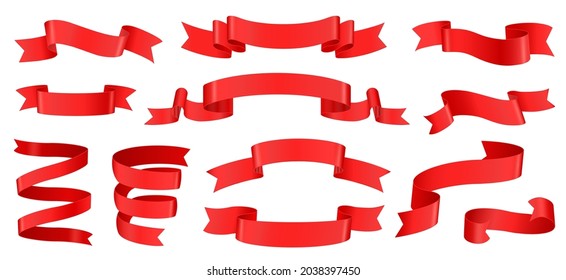 Realistic red ribbons, silk banner decoration element. Empty curled tape labels for product sale, discount offer banners. 3d ribbon vector set. Glossy decorative objects for advertisement