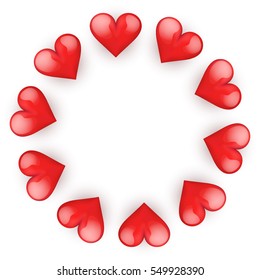 Realistic Red Romantic Hearts Circle Decoration. Card and Invitation of Happy Valentines Day Greetings. Vector Illustration.