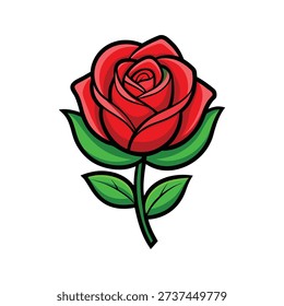 Realistic Red Rose Blossom Vector Illustration, Detailed Botanical Floral Design with Green Leaves, Romantic Love Symbol for Wedding, Valentine Card, Decorative Print and Digital Graphic Resource
