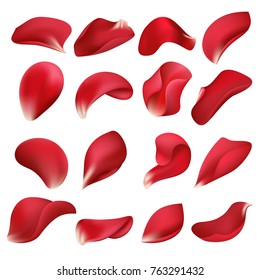 Realistic Red Rose Flower Petals Isolated On White Background Vector Set. Petal Rose Natural, Flower Floral Illustration