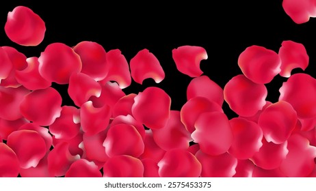 Realistic red rose petals flying around isolated vector. Red rose petals will fall on abstract floral background. Happy Valentine's day poster design and template with hearts.
