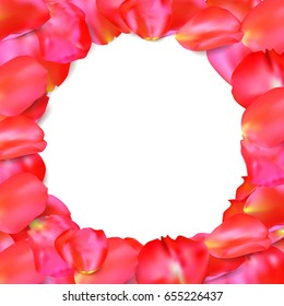 Realistic red Rose petals frame. Round border isolated on white background and place for text. Good for greeting cards and invitations